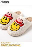 Fligmm Cowboy Smile Face Fur Slippers Women 2023 Winter Closed Toe Plush Cotton Slippers Woman Comfy Soft Bottom House Shoes