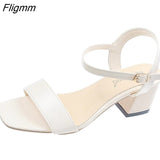 Fligmm Women Sandals Female Square High Heels PU Leather Sandals Open Toe Lady New Summer Shoes Solid Soft Comfort Buckle Strap Sandals