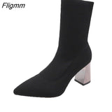 Fligmm Knitted Elastic Women Boots Fashion Winter Shoes Woman Pointed Thick Heels Ankle Boots High Warm Heels Boots Party Shoes