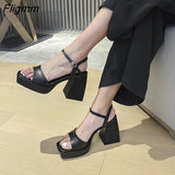 Fligmm Genuine Leather Women Shoes Super High Heel Platform Thick Heel Sandals Square Toe Ladies Footwear Fashion Summer Black