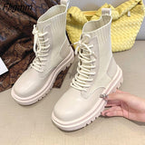 Fligmm Boots Woman Slip-On Shoes Woman Fashion Knitted Elastic Round Toe Short Boots Platform Square Heels Leather Boots Women