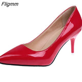 Fligmm Women Pumps Black High heels 8cm Lady Patent leather Shallow Thin Heels Autumn Pointed Single Shoes Slip-On Female Shoes