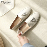 Fligmm Genuine Leather Flat Loafers Shoes Women Round Toe Shoes Cow Leather Fringe Flats Footwear Ladies Casual Shoes White 40