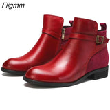 Fligmm Ankle Boots Round Toe Fashion Ankle Strap Short Boots Thick with Comfort Boots Elegant Patchwork Suede Casual Women Shoes