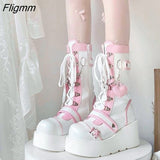 Fligmm New Female Wedges High Heels Boots Fashion Buckle Punk Goth Platform women's Boots Zip Cross-tied Party Street Woman Shoes