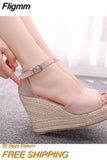 Fligmm Shoes for Women Beige Heeled Sandals 2023 Summer Buckle Large Size Clogs Wedge Black Fashion Girls Multicolored Big High