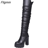 Fligmm Brand Lady Solid Black Platform Block Heel Boots Party Dress Designer Boots Women Fashion Knee High Shoes Woman