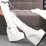 Fligmm Big Size 35-43 Ladies Wedges High Heels Knee High Boots Cross Tied High Platform Boots Women Party Sexy Shoes Woman