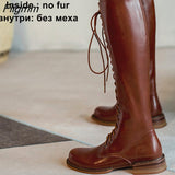 Fligmm Women Genuine Leather Knee High Riding Boots Round Toe Thick High Heel Zipper Lace-up Lady Long Boot Autumn Winter Shoes