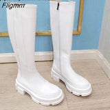 Fligmm Brand Design Women Genuine Leather Boots Knee High Boots Platform Thick Heel Riding Boots Zipper Autumn Winter White 42