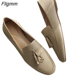 Fligmm Genuine Leather Flat Loafers Shoes Women Round Toe Shoes Cow Leather Fringe Flats Footwear Ladies Casual Shoes White 40