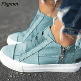 Fligmm Women Shoes Flat New Spring Autumn Women Vulcanize Shoes Sneaker Ankle Side Zipper High Top Canvas Shoes Patchwork Ladies Shoes