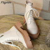 Fligmm Women Shoes Genuine Leather Motorcycle Boots Thick Med Heel Boots Round Toe Zipper Lady Footwear Autumn Winter 40 Beige