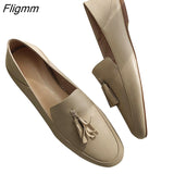 Fligmm Genuine Leather Flat Loafers Shoes Women Round Toe Shoes Cow Leather Fringe Flats Footwear Ladies Casual Shoes White 40