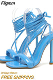 Fligmm Summer Ankle Cross-Tied Blue Green Women's Stiletto High Heels Strappy Sandals Fashion Square Toe Lace-Up Party Prom Shoes