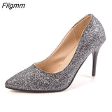 Fligmm Women Wedding Shoes Silver Gold Dress Shoes Pointed Toe Thin Heels Woman Sequined Cloth High heels Glitter Pumps Boat Shoes