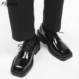 Fligmm square head Leather Shoes women Casual Men Formal Dress Thick Bottom Loafers Lace-up Black British Business Work Shoes 44