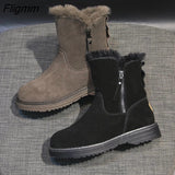 Fligmm Ankle Boots Women Zip Flat Leather Short Plush Winter Shoes Women Warm Ladies Boots Ankle Sewing Fashion Black Shoes Woman