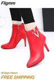 Fligmm Spring Autumn Stiletto Thin High Heels Pointed Toe Faux Leather Zipper Style Sexy Ankle Womens Boots Botas de mujer erf5