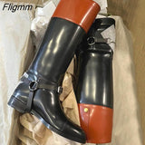 Fligmm Knee High Women Boots Autumn Winter Thick Heels Knight Boots Woman Solid Thick Plaid color matching Leather Shoes Female