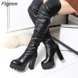 Fligmm Brand Lady Solid Black Platform Block Heel Boots Party Dress Designer Boots Women Fashion Knee High Shoes Woman