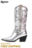 fligmm Silver Metallic Pointed Toe Cowboy Knee High Booots For Women 2023 Brand Designer Luxury Fashion Western Boots Shoes