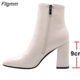 Fligmm Women Ankle Boots Shoes Square Toe Chunky Heels Lady Short Boots Zip Extreme High Heel Boots Female Autumn Beige Size 45