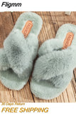 Fligmm Women Warm Fluffy Slippers Cozy Faux Fur Cross Indoor Floor Slides Flat Soft Furry Ladies Female Celebrities Flip Flops