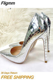 Fligmm Silver Embossed Crocodile Effect Women Sexy Pointy Toe High Heel Party Shoes Bling Shiny Fashion Designer Stiletto Pumps