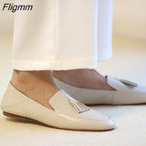 Fligmm Genuine Leather Flat Loafers Shoes Women Round Toe Shoes Cow Leather Fringe Flats Footwear Ladies Casual Shoes White 40