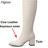 Fligmm Winter Knee High Boots Women Natural Genuine Leather Thick High Heel Long Boots Zip Round Toe Shoes Ladies Fall Size 39