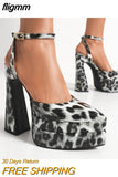 fligmm Fashion Pumps For Women Pointed Toe Double Platform Ankle Strap Leopard Print Sexy Chunky Heel Heel Pumps Shoes