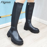 Fligmm Brand Design Women Genuine Leather Boots Knee High Boots Platform Thick Heel Riding Boots Zipper Autumn Winter White 42