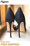 Fligmm Navy Blue Women Denim Fabric D'Orsay High Heel Shoes 8cm 10cm 12cm Pointy Toe Elegant Stiletto Pumps Comfortable Soft