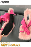 Fligmm New Brand Chic Fluorescent green Plush Fur Fuzzy Sandals Women Low Thin Heels Fashion Clip Toe Ankle Lace Up Slides Shoes