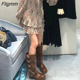 Fligmm Spring Autum Women's metal belt buckle Leather Boots Ladies Slip on Ankle Mid Calf Boots Casual Non Slip Platform Shoes