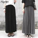 Fligmm Solid Maxi Pleated Skirt Women 2023 Autumn Spring Ladies Korean Gray Black High Waist School Long Skirt Female