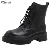 Fligmm Women Shoes Genuine Leather Motorcycle Boots Thick Med Heel Boots Round Toe Zipper Lady Footwear Autumn Winter 40 Beige