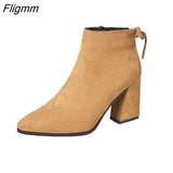 Fligmm Size 43 Hot Sale Women Mid Calf Boots Black Pointed Toe Zippers Autumn Spring Women Fashion Boots Casual Lace-up Boots