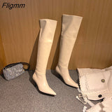 Fligmm Pleated Genuine Leather High Heel Knee-High Boots Women Shoes Pointed Toe Thin Heels Fashion Long Boots Lady Beige 40