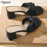 Fligmm Designer Slippers Women Mules Shoes Fashion Lychee Pattern Open Toe Slides Ladies Brand Square Heel Mules Female Slippers