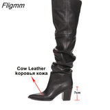 Fligmm Winter Over the Knee Boots Women Natural Genuine Leather Thick High Heel Thigh High Boots Pleated Long Shoes Ladies Fall