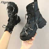 Fligmm Women shoes platform boots punk gothic for women boots combat boots ladies black boots metal button woman motorcycle boots