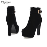 Fligmm Female Boots Women Boots Winter Buckle Super High Heel Ankle Boots Zipper Platform Thick Heel Short Shoes Lady Red 33-43