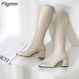 Fligmm Winter Knee High Boots Women Natural Genuine Leather Thick High Heel Long Boots Zip Round Toe Shoes Ladies Fall Size 39