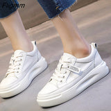 Fligmm Platform Shoes Women Natural Genuine Leather Flat Casual Shoes Real Leather Lace Up White Sneakers Ladies Flats Spring