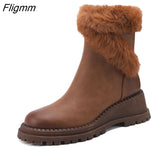 Fligmm Women Genuine Leather Snow Boots Rabbit fur Wedges High Heel Round Toe Ladies Boots Zipper Ankle Boots 2023 Winter Green