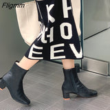 Fligmm Real Leather High Heel Ankle Boots Women Square Toe Zipper Short Boots Shoes Thick Heels Warm Female Boots Winter Beige