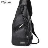 Fligmm Men's USB Chest Bag Designer Men Messenger Crossbody Package PU Leather Shoulder Bags Package Travel Chest Bag Bolso Hombre