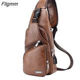 Fligmm Men's USB Chest Bag Designer Men Messenger Crossbody Package PU Leather Shoulder Bags Package Travel Chest Bag Bolso Hombre